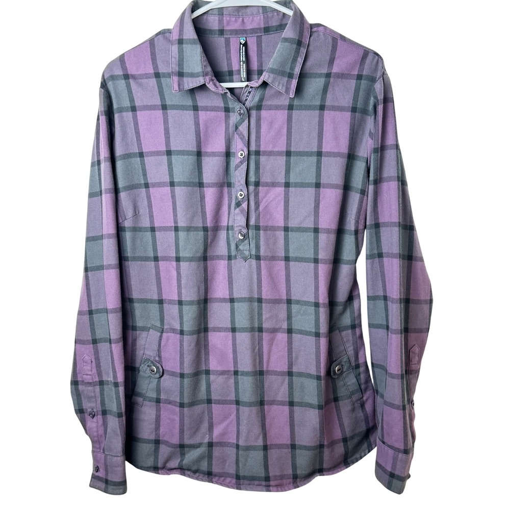 KUHL Plaid Pullover Women L Purple Grey Flannel Pockets Gorpcore Long Sleeve